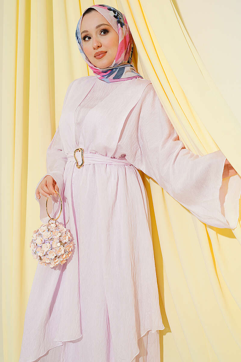 Belted Ruffle-Detail Dress - Pink