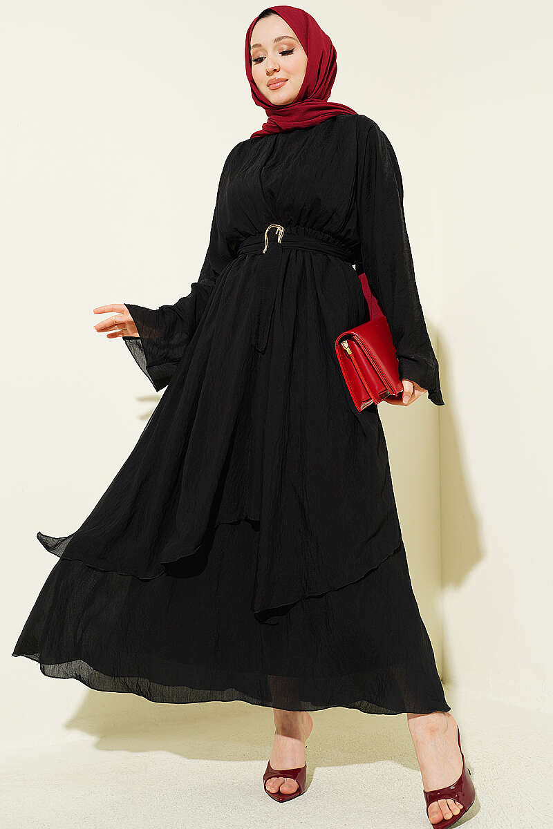 Belted Ruffle-Detail Dress - Black