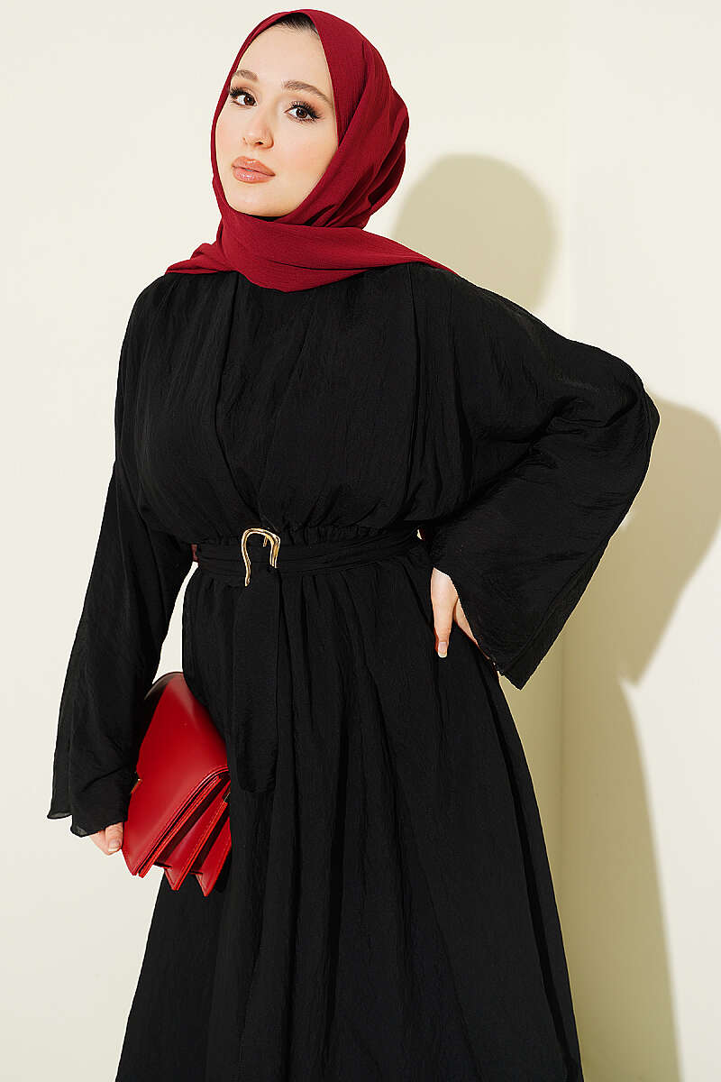 Belted Ruffle-Detail Dress - Black