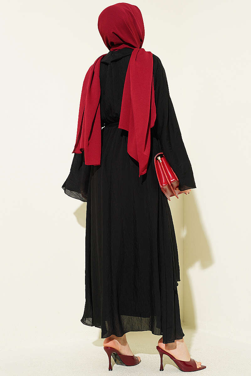 Belted Ruffle-Detail Dress - Black