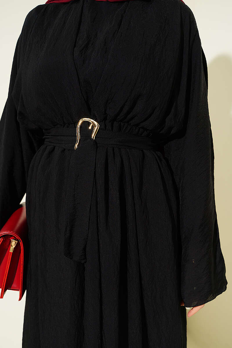 Belted Ruffle-Detail Dress - Black