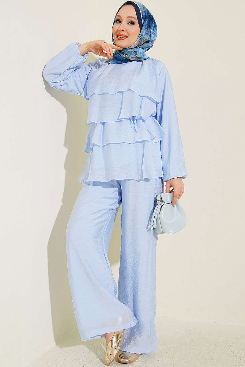 Belted Tiered Voile Two-Piece Set - Ice Blue