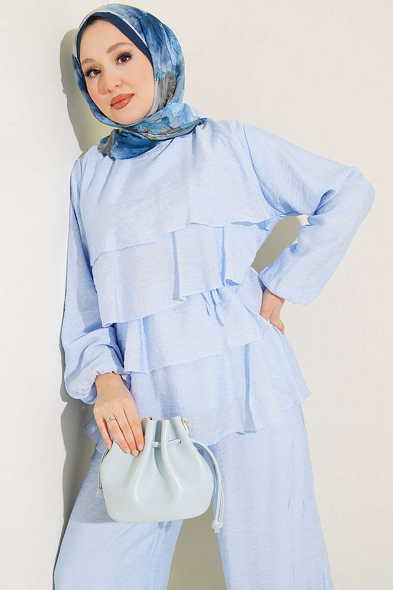 Belted Tiered Voile Two-Piece Set - Ice Blue