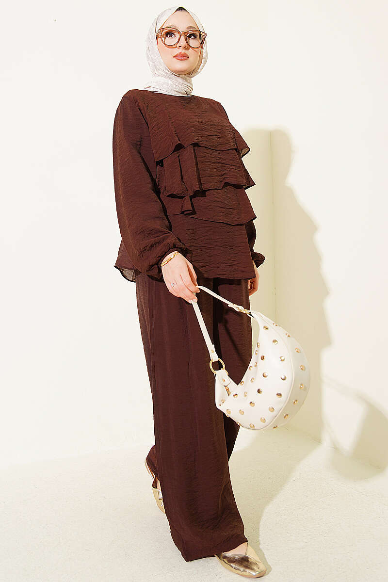 Belted Tiered Voile Two-Piece Set - Brown