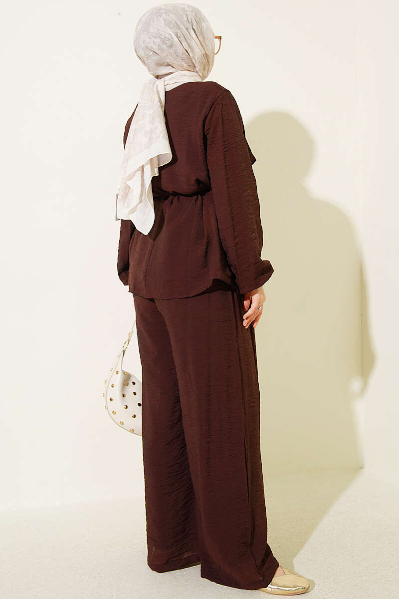 Belted Tiered Voile Two-Piece Set - Brown
