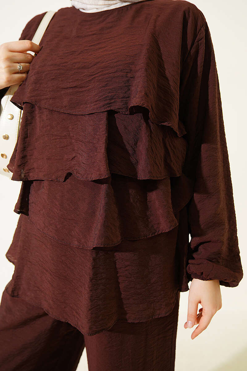 Belted Tiered Voile Two-Piece Set - Brown