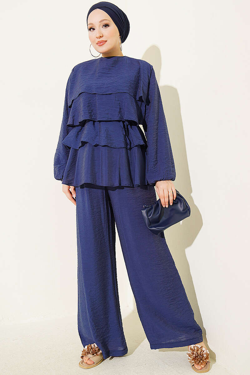 Belted Tiered Voile Two-Piece Set - Navy