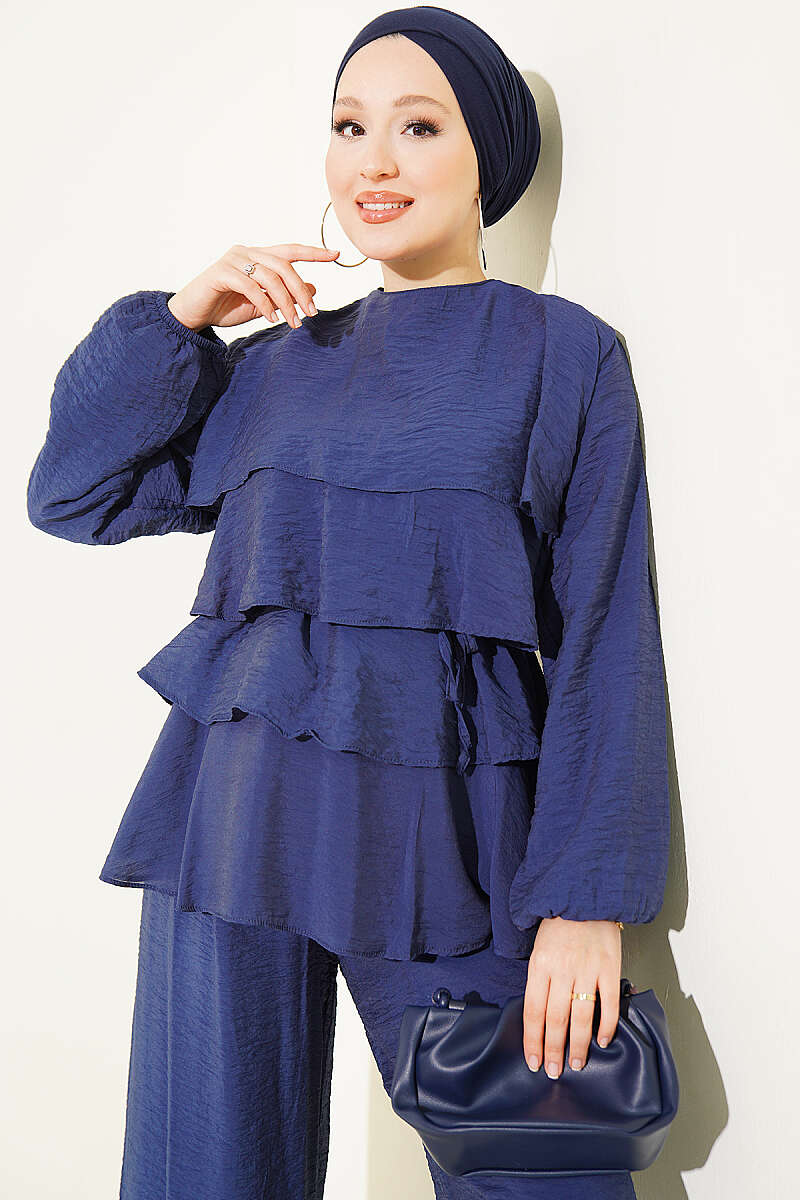 Belted Tiered Voile Two-Piece Set - Navy
