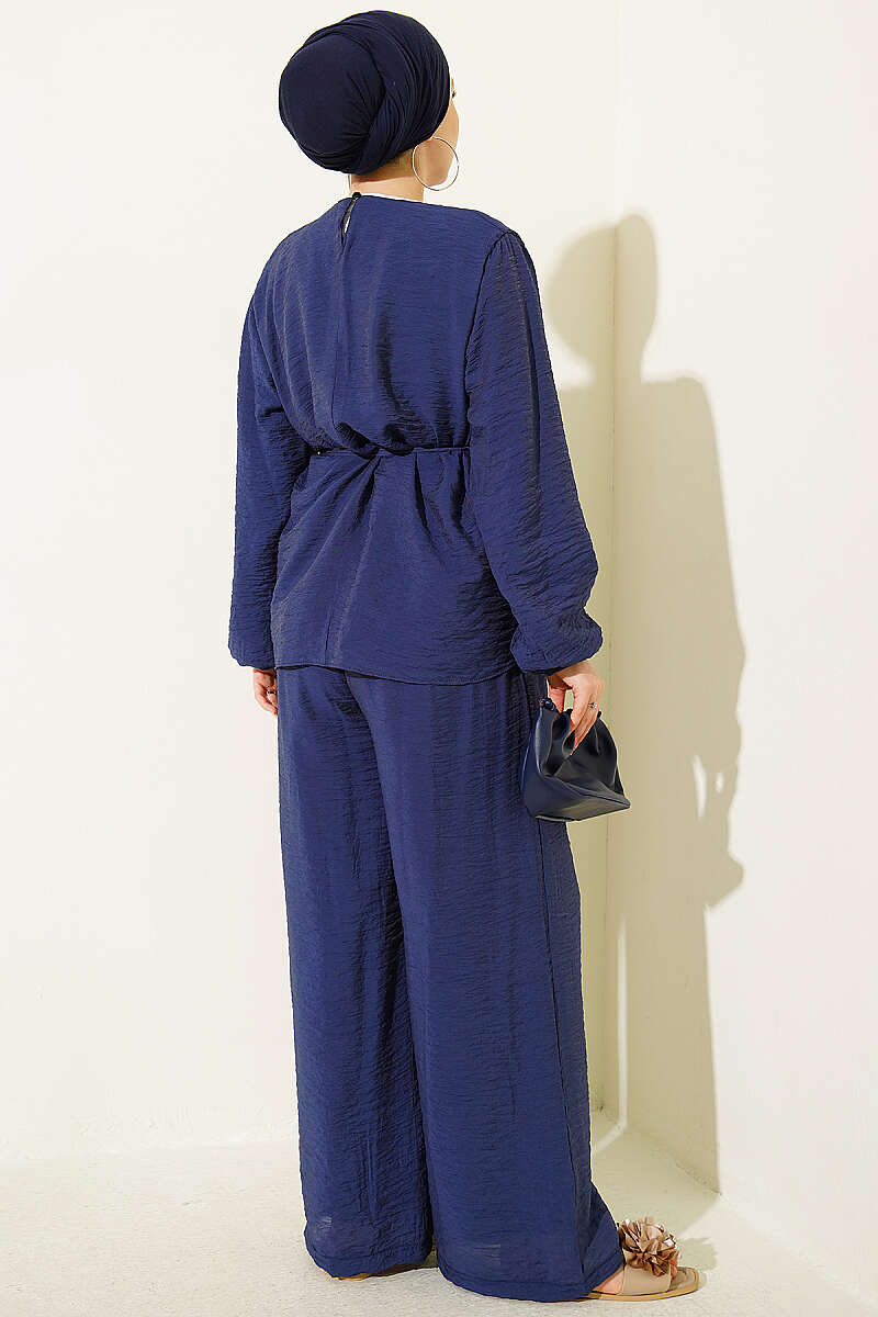 Belted Tiered Voile Two-Piece Set - Navy