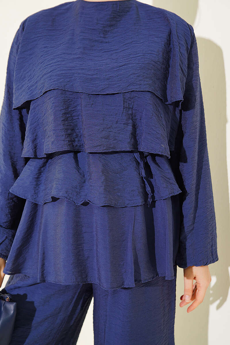 Belted Tiered Voile Two-Piece Set - Navy