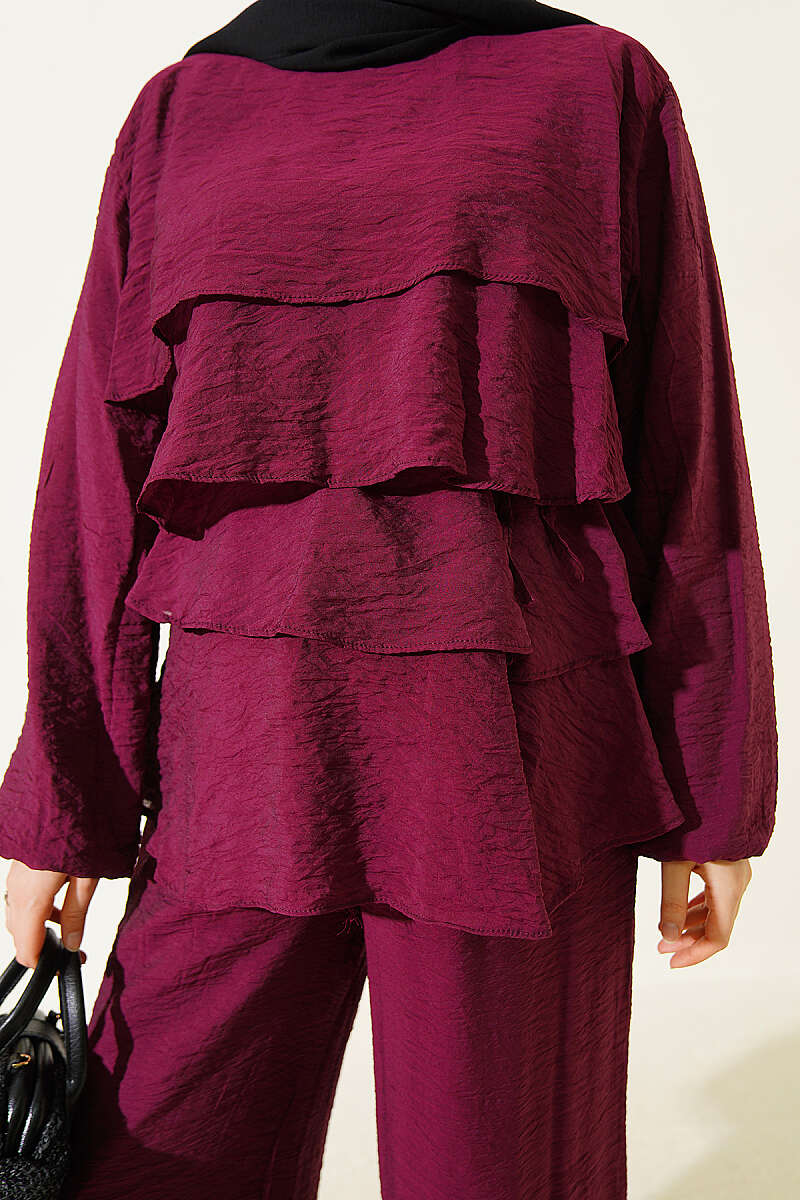 Belted Tiered Voile Two-Piece Set - Plum