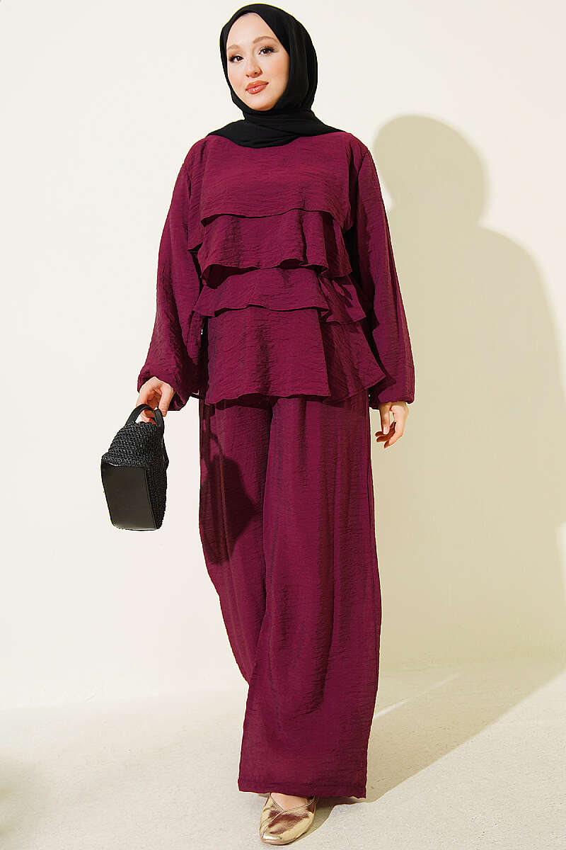 Belted Tiered Voile Two-Piece Set - Plum