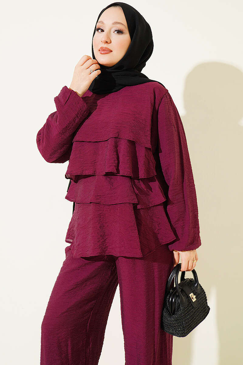 Belted Tiered Voile Two-Piece Set - Plum