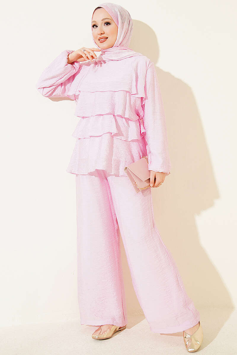 Belted Tiered Voile Two-Piece Set - Pink