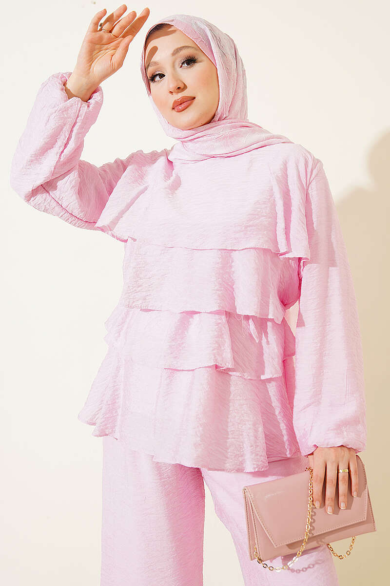 Belted Tiered Voile Two-Piece Set - Pink
