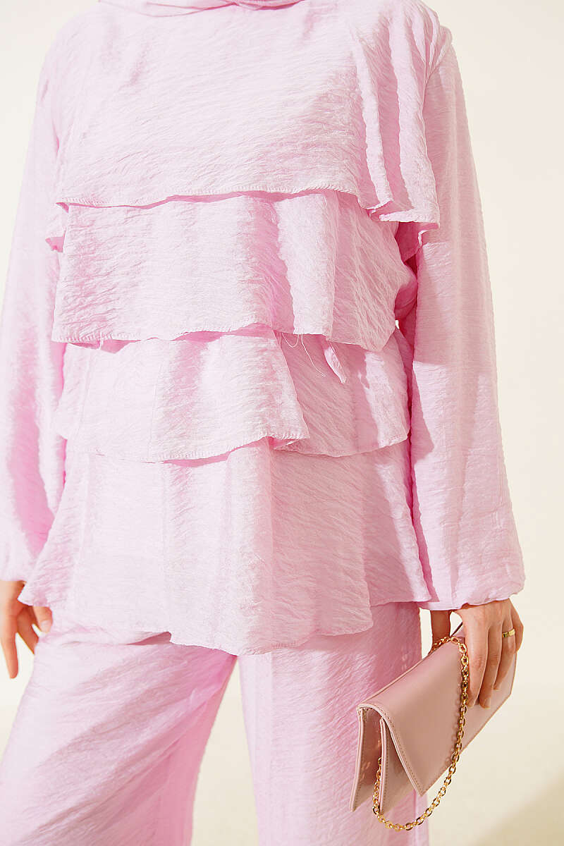 Belted Tiered Voile Two-Piece Set - Pink