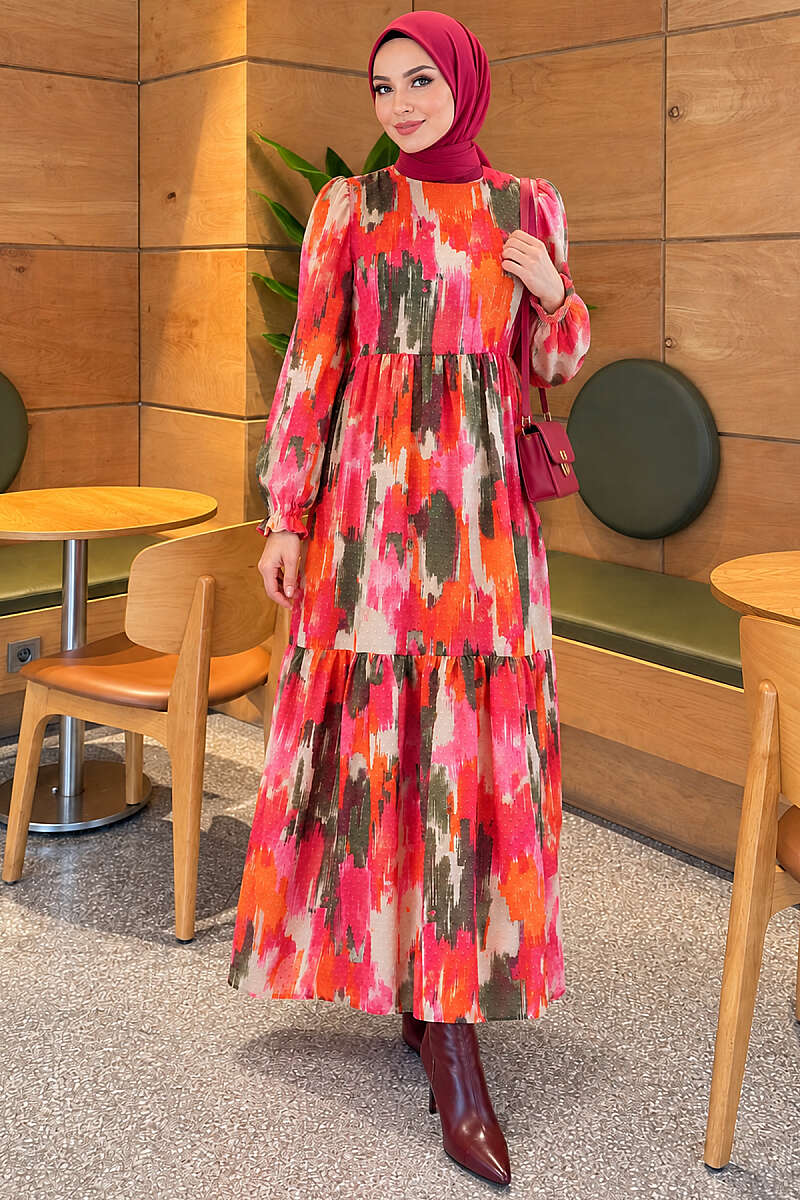 Watercolour Print Dress with Pompom Trim - Fuchsia