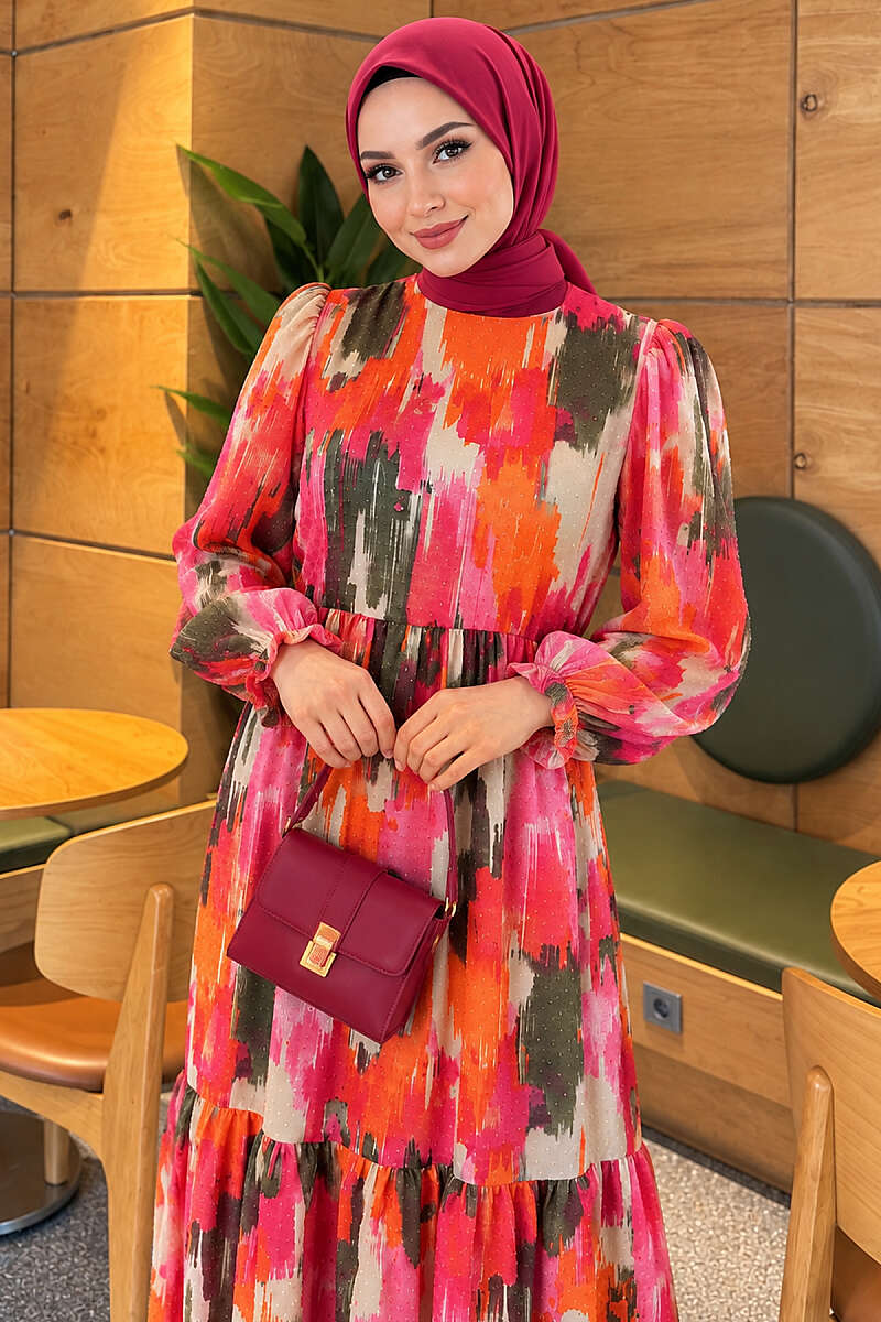 Watercolour Print Dress with Pompom Trim - Fuchsia