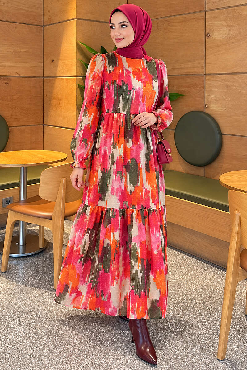 Watercolour Print Dress with Pompom Trim - Fuchsia