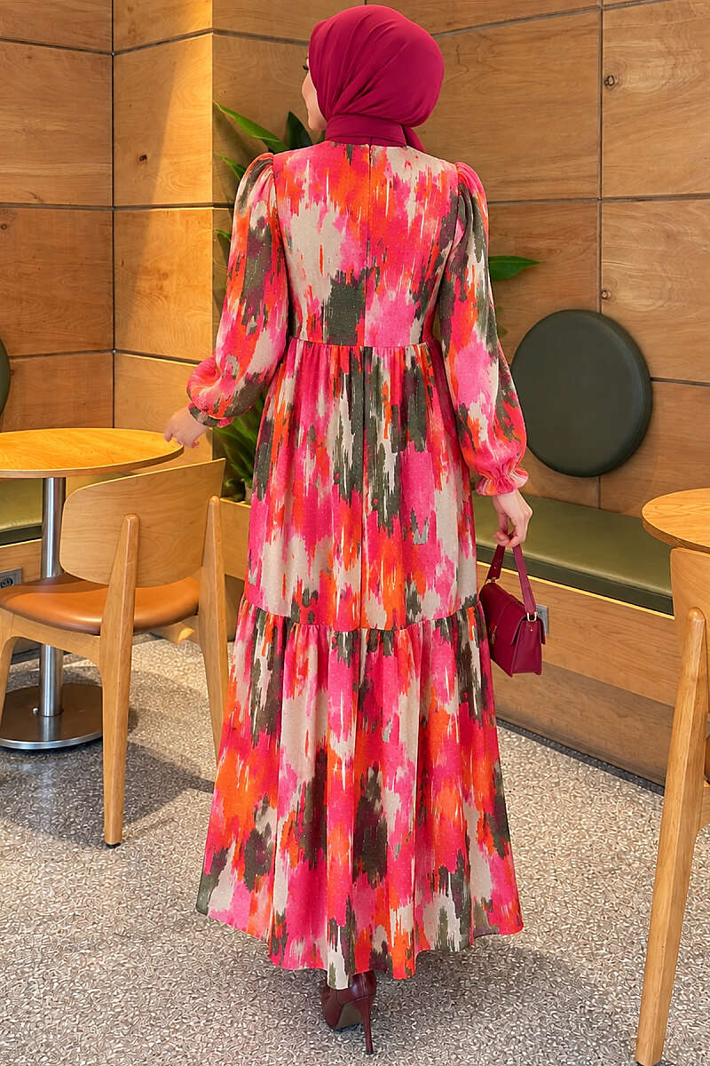 Watercolour Print Dress with Pompom Trim - Fuchsia