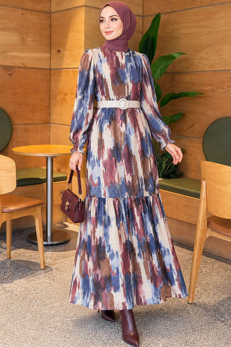 Watercolour Print Dress with Pompom Trim - Blue