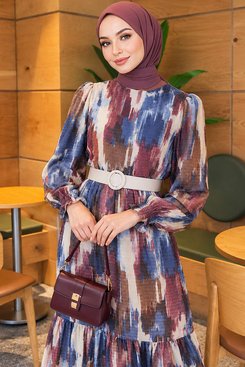 Watercolour Print Dress with Pompom Trim - Blue