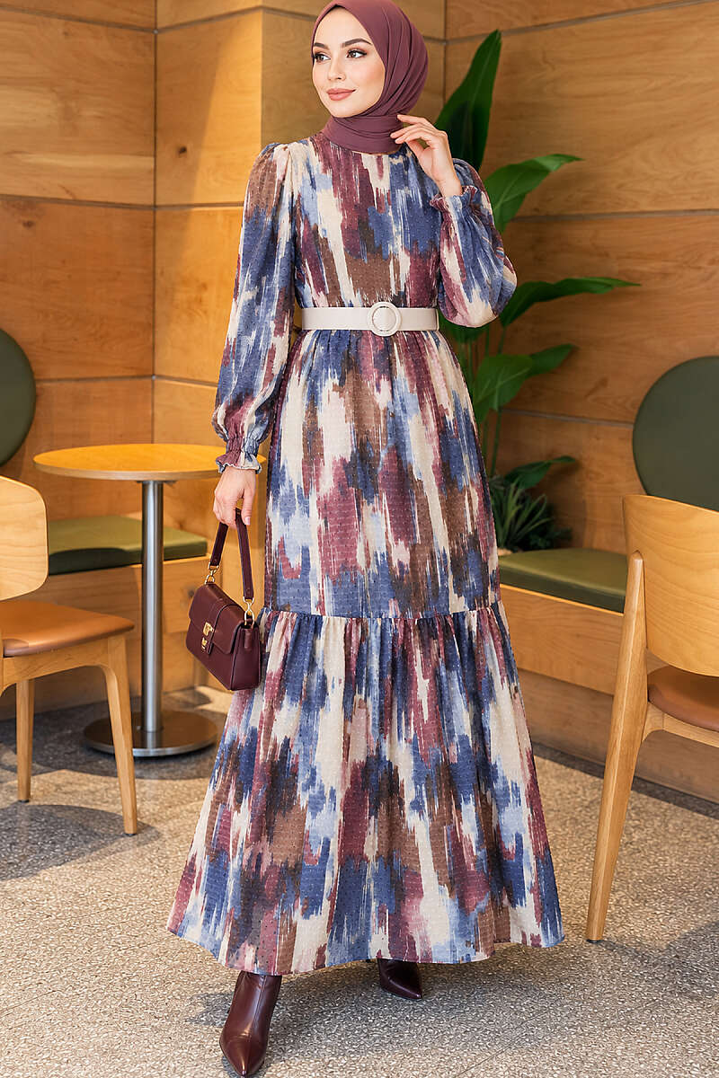 Watercolour Print Dress with Pompom Trim - Blue