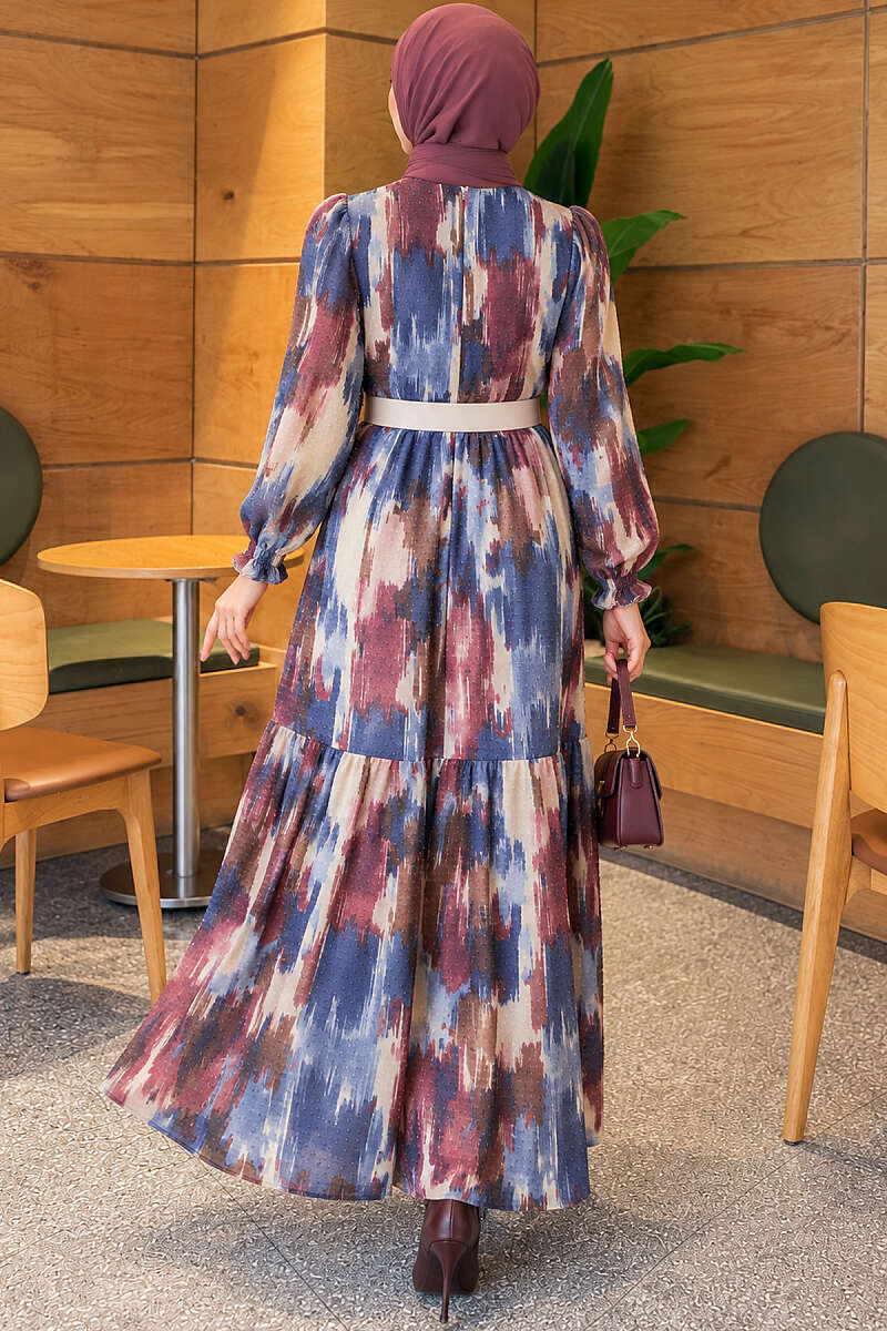 Watercolour Print Dress with Pompom Trim - Blue