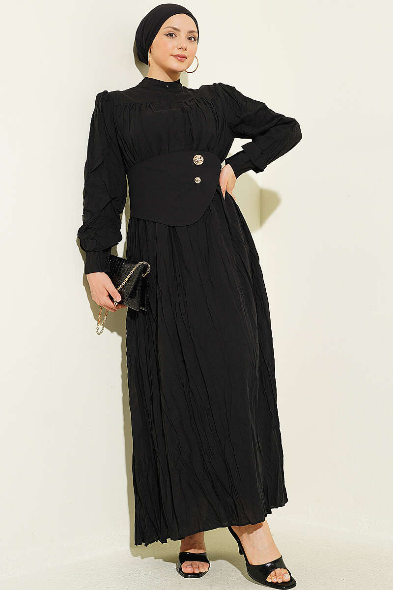 Belted Asymmetric Crinkle Dress with Buttons - Black