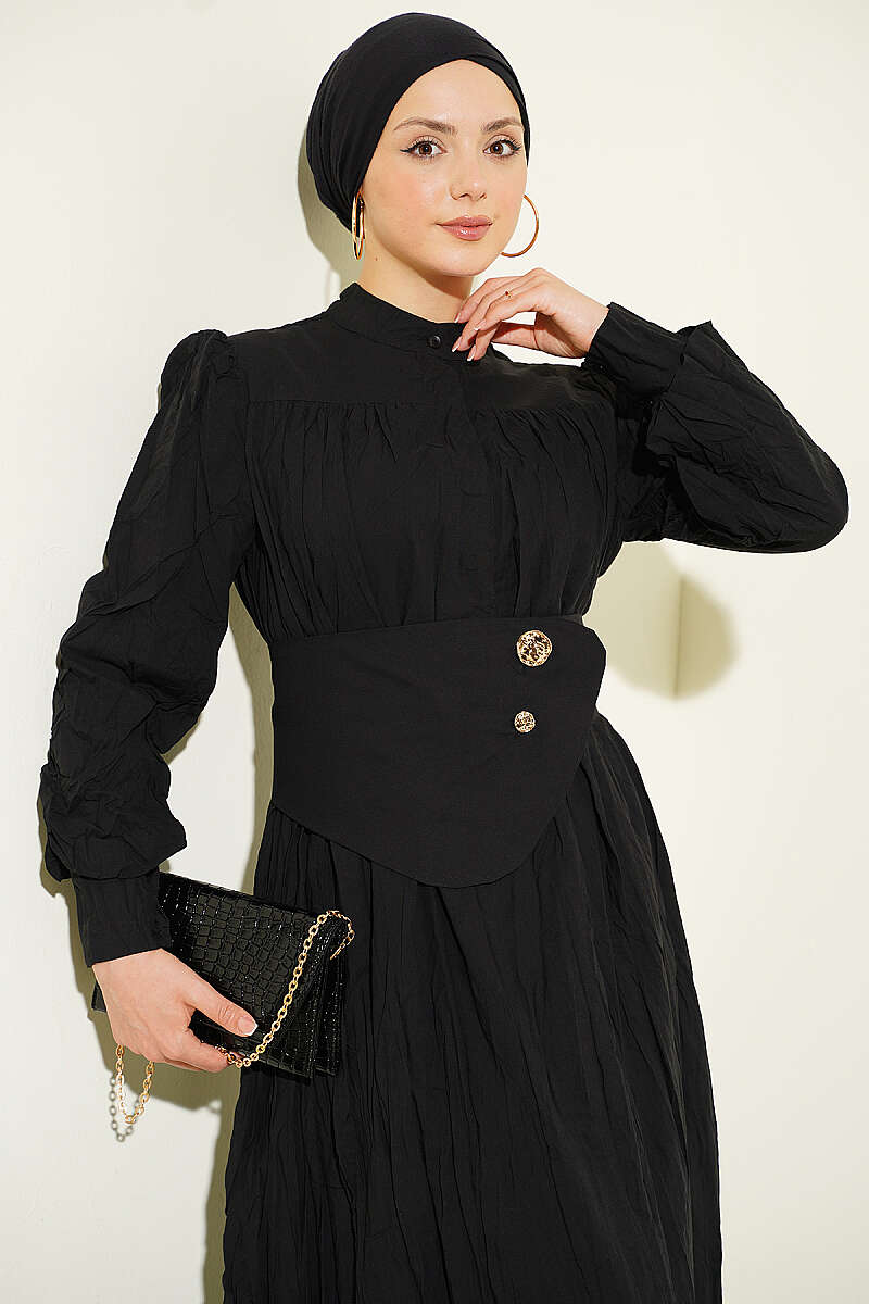 Belted Asymmetric Crinkle Dress with Buttons - Black