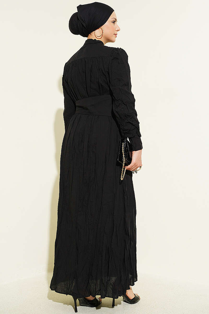 Belted Asymmetric Crinkle Dress with Buttons - Black
