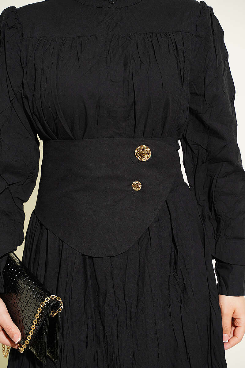 Belted Asymmetric Crinkle Dress with Buttons - Black