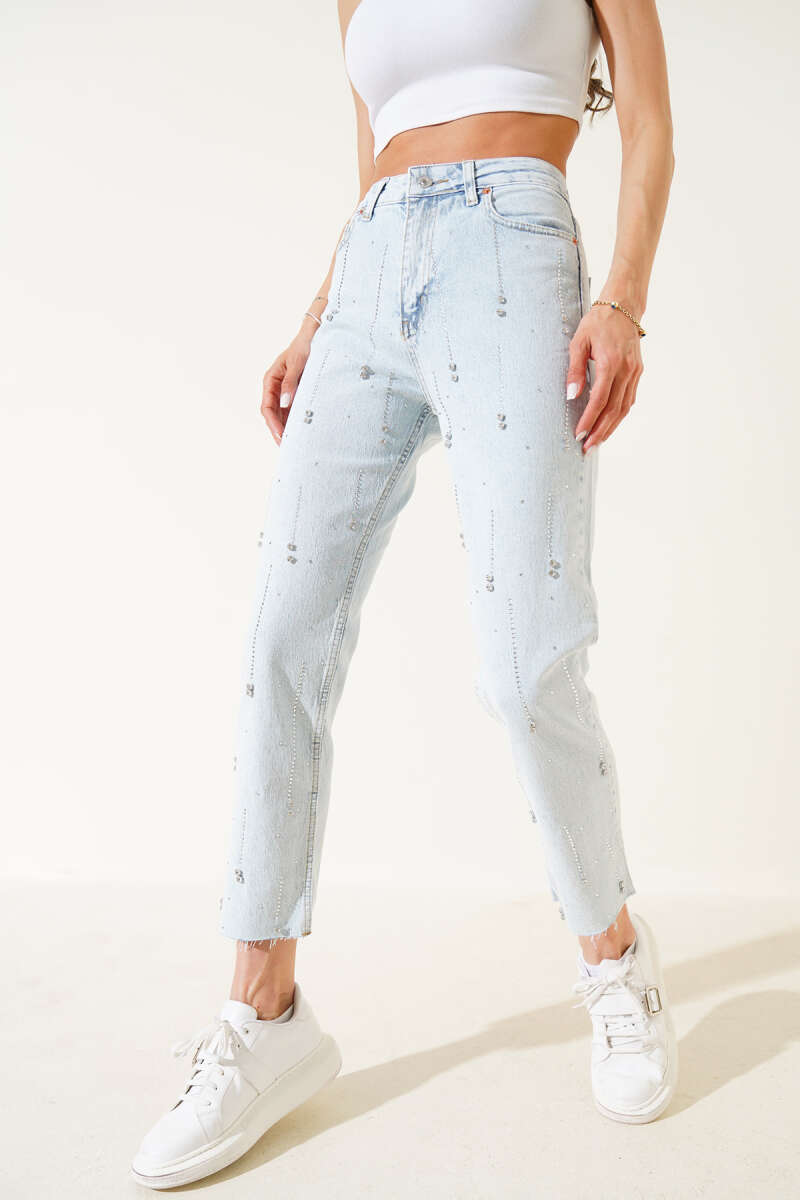 Cropped Jeans with Raindrop Stones - Ice Blue