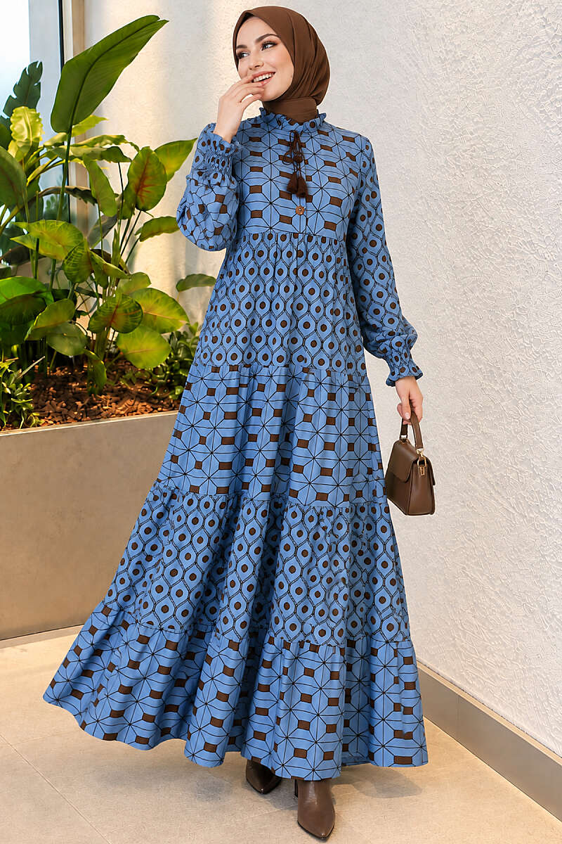 Button Dress with Tie Collar - Blue