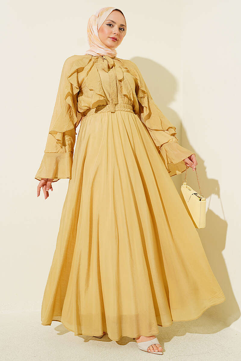 Skirt Set with Ruffled Blouse and Tie Collar - Olive