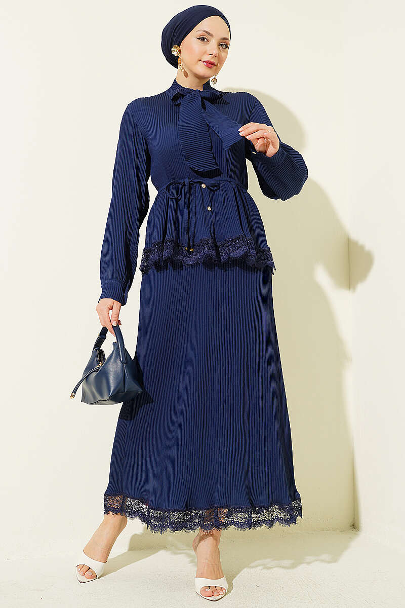 Ribbed Guipure Skirt Set with Lace-Up Collar - Navy