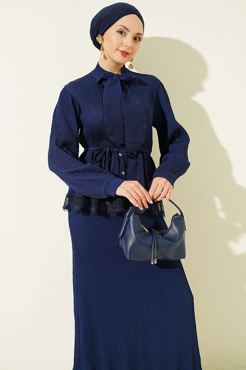 Ribbed Guipure Skirt Set with Lace-Up Collar - Navy
