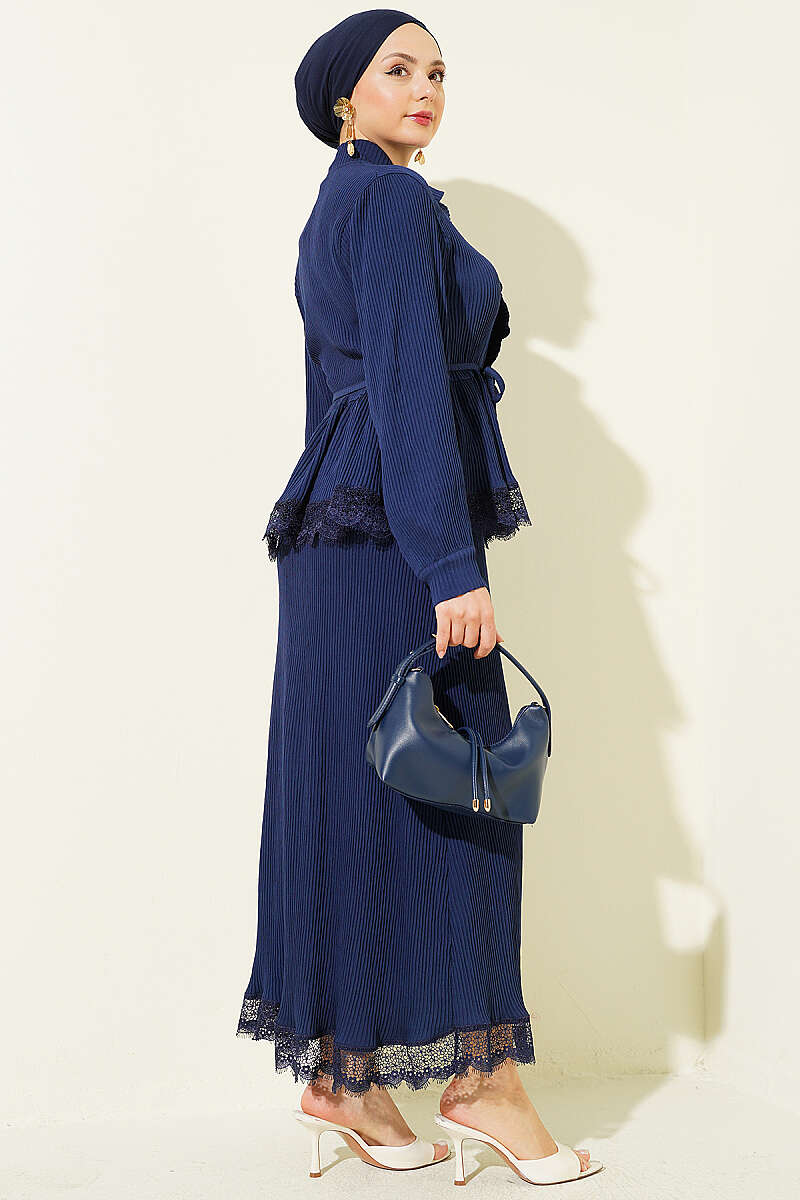 Ribbed Guipure Skirt Set with Lace-Up Collar - Navy