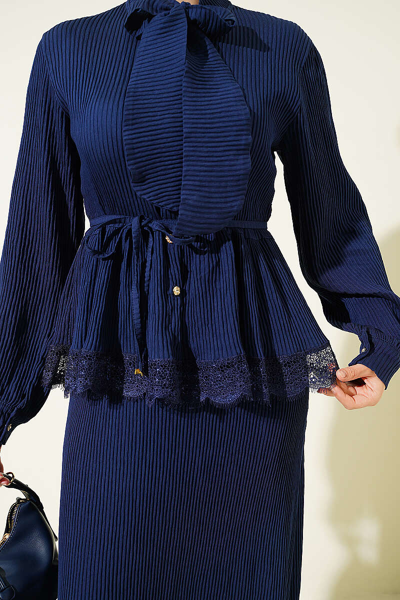 Ribbed Guipure Skirt Set with Lace-Up Collar - Navy