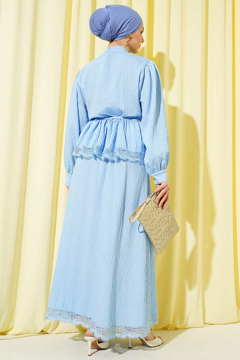 Ribbed Guipure Skirt Set with Lace-Up Collar - Blue