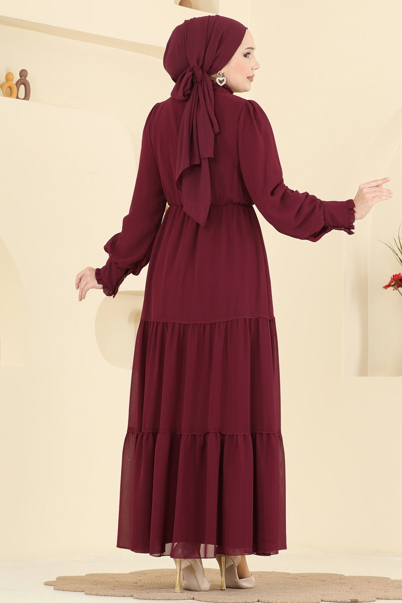 Chiffon Dress with Tie Neck - Burgundy