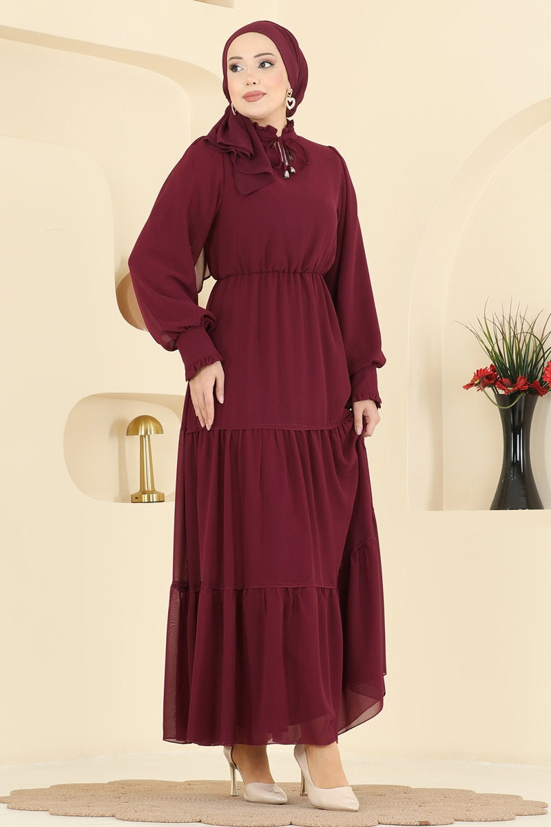 Chiffon Dress with Tie Neck - Burgundy