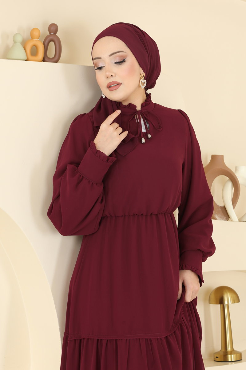 Chiffon Dress with Tie Neck - Burgundy
