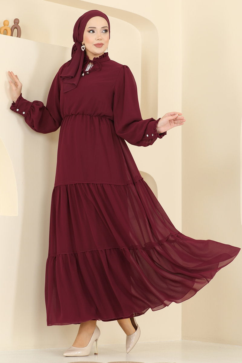 Chiffon Dress with Tie Neck - Burgundy