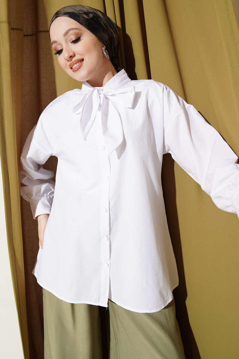 Shirt with Tie Collar Detail - White