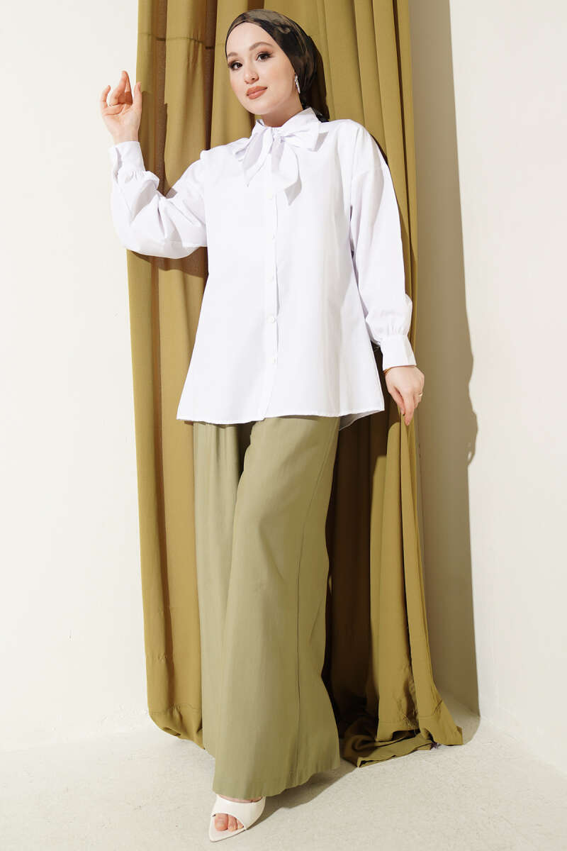 Shirt with Tie Collar Detail - White