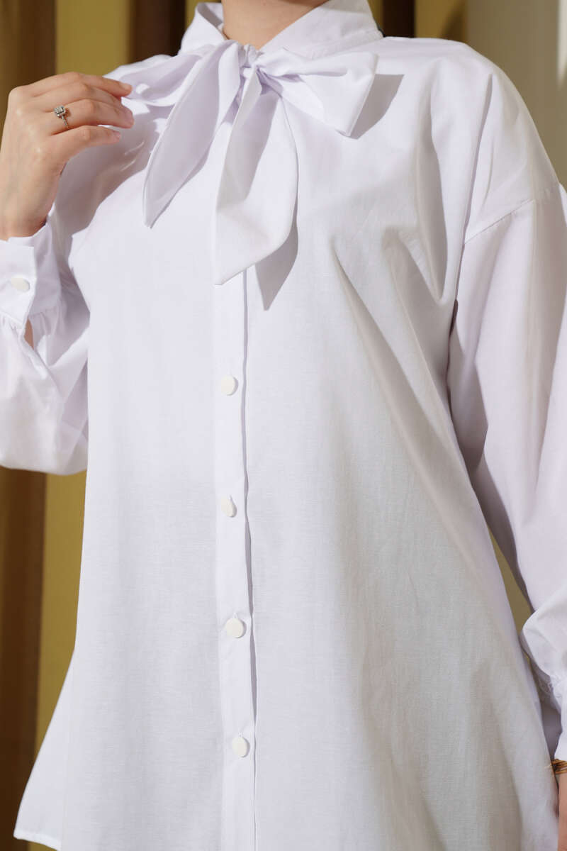 Shirt with Tie Collar Detail - White