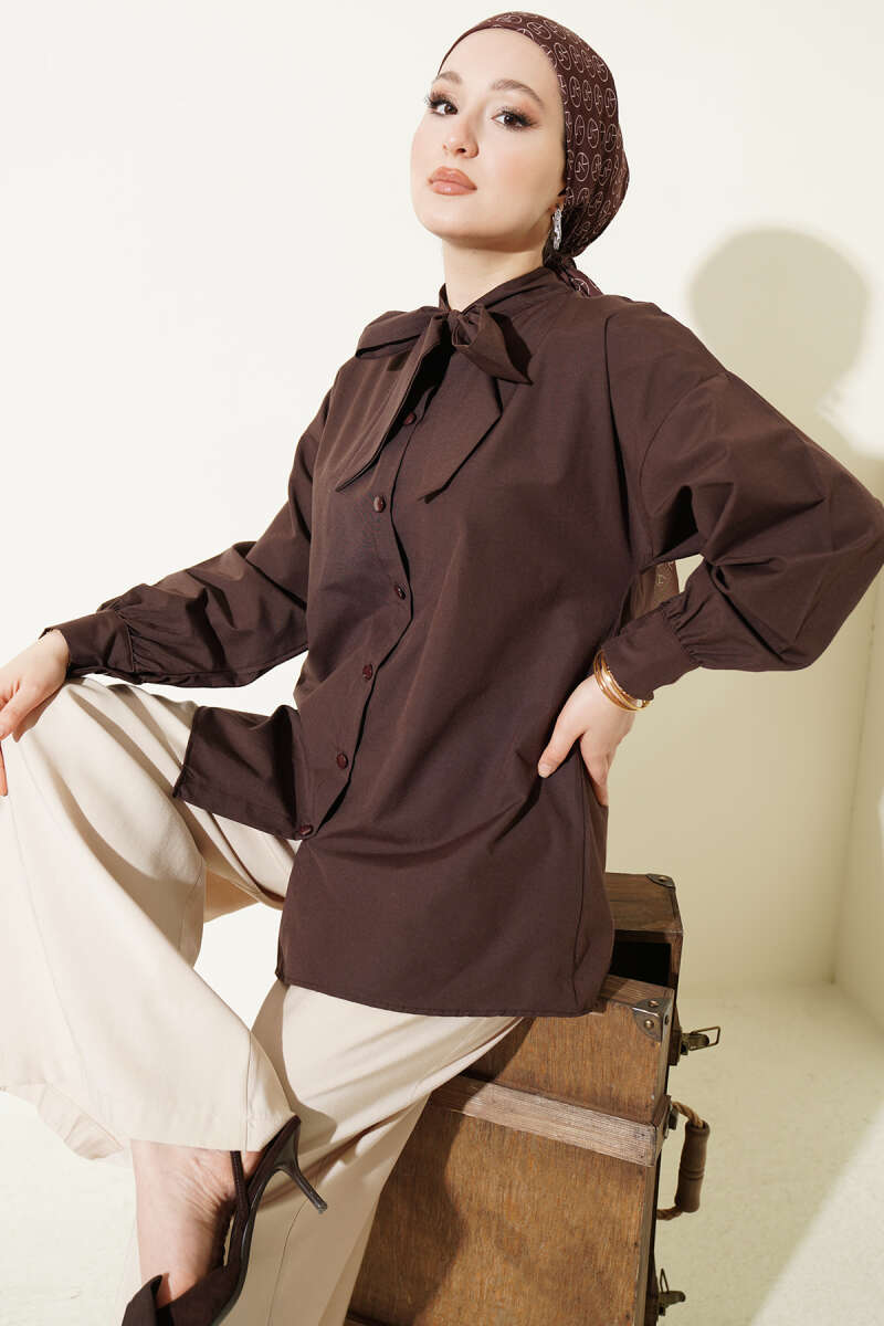 Shirt with Tie Collar Detail - Brown