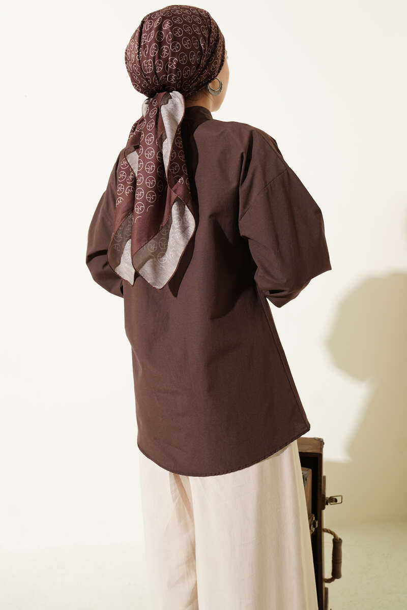 Shirt with Tie Collar Detail - Brown