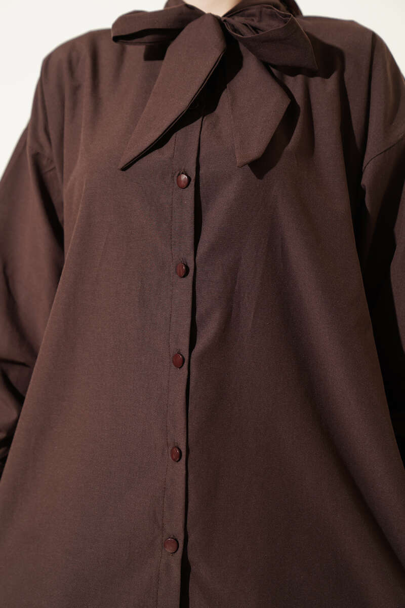 Shirt with Tie Collar Detail - Brown
